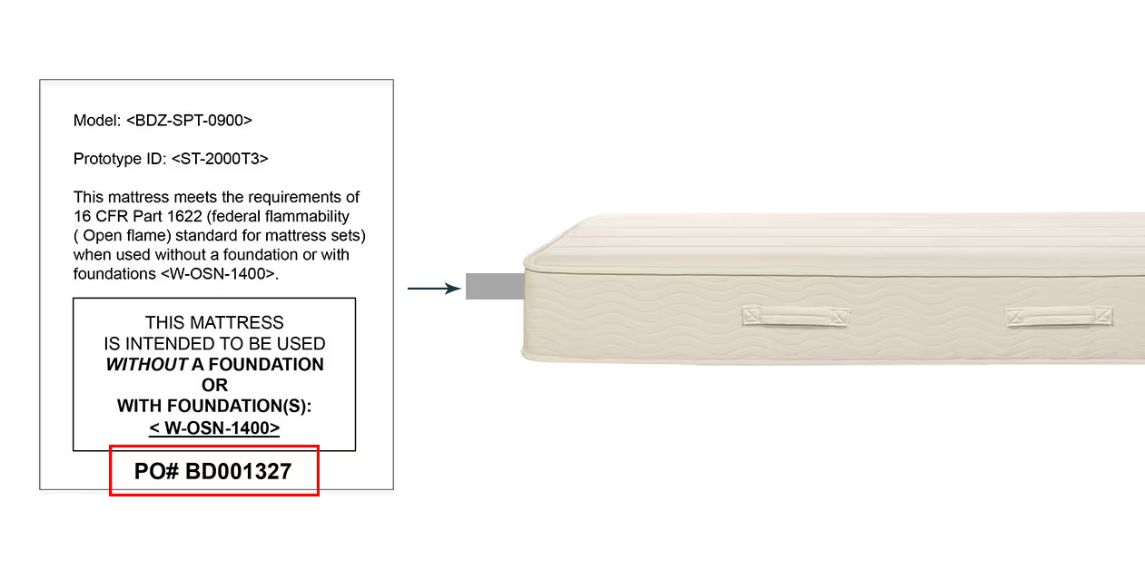 Mattress label showing the batch number PO# BD001327 printed at the head of the mattress